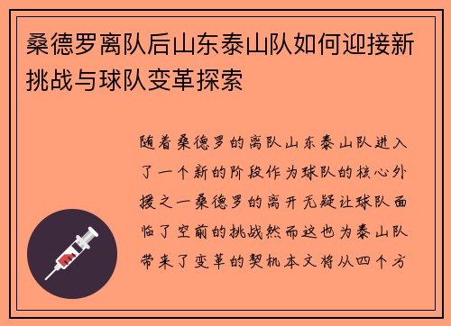 桑德罗离队后山东泰山队如何迎接新挑战与球队变革探索