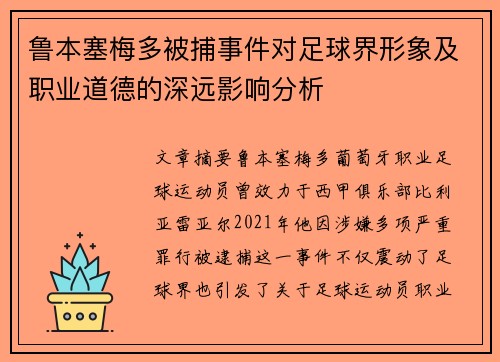 鲁本塞梅多被捕事件对足球界形象及职业道德的深远影响分析